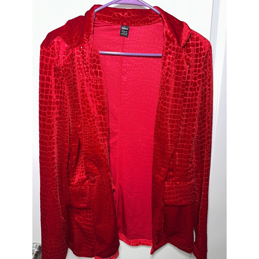 SHEIN Red Velvet Crocodile Embossed Open Front Blazer Jacket Large
